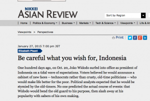 Elizabeth Pisani reviews Joko Widodo's first 100 days as Indonesian president in the Nikkei Asian Review