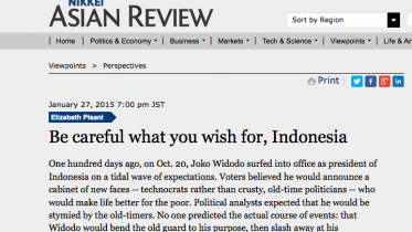 Elizabeth Pisani reviews Joko Widodo's first 100 days as Indonesian president in the Nikkei Asian Review
