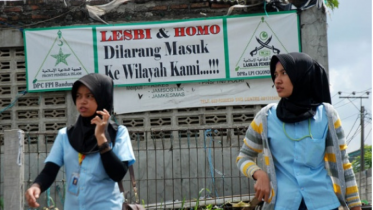 Banner in Jakarta reads: Lesbis and Gays: No entry to our neighbourhood!