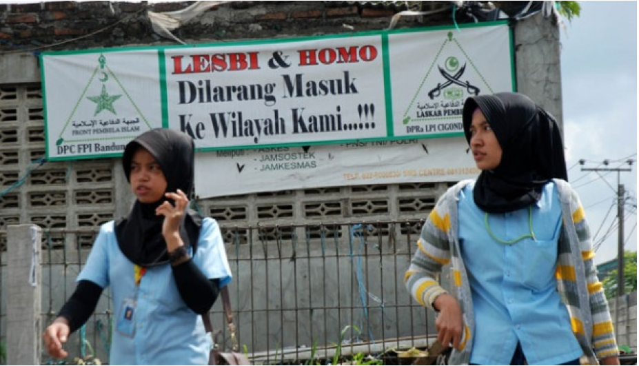 Banner in Jakarta reads: Lesbis and Gays: No entry to our neighbourhood! 